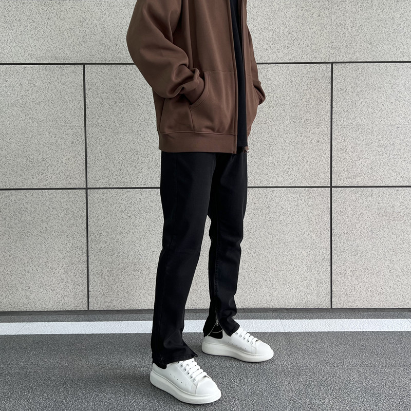 CEZPHISON basic trousers zipper black elastic jeans high street casual trousers ins straight pants men