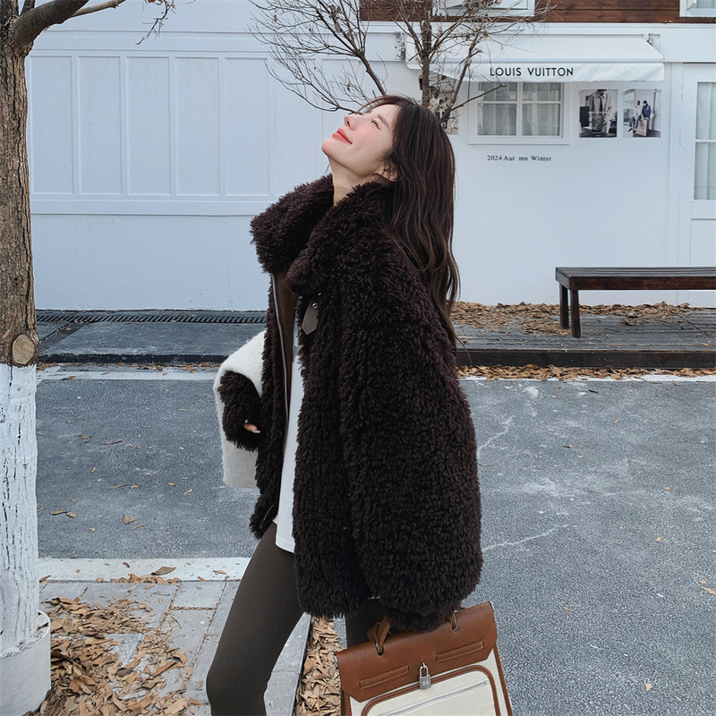 Chocolate-Colored Teddy Roll Eco-Friendly Lamb Wool Coat for Women, Autumn and Winter American Style, Super Stylish with Unique Design, Integrated Fur and Leather
