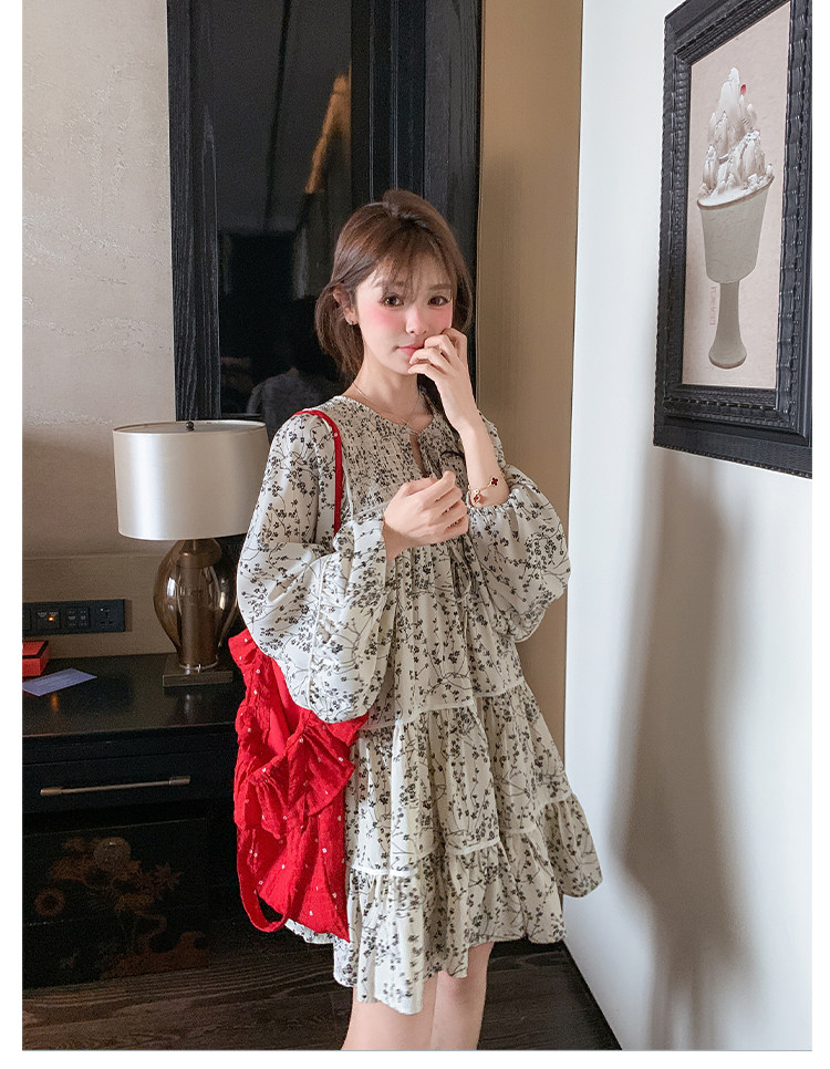 ワンピース】フレンチ気質 花柄長袖ワンピース レディース 春秋 若見え