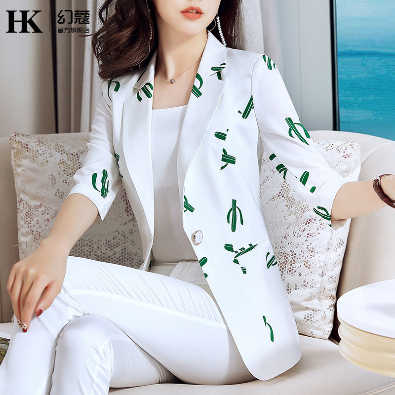 Suite coat female summer thin snow printing professional wear goddess white leisure in sleeve suit