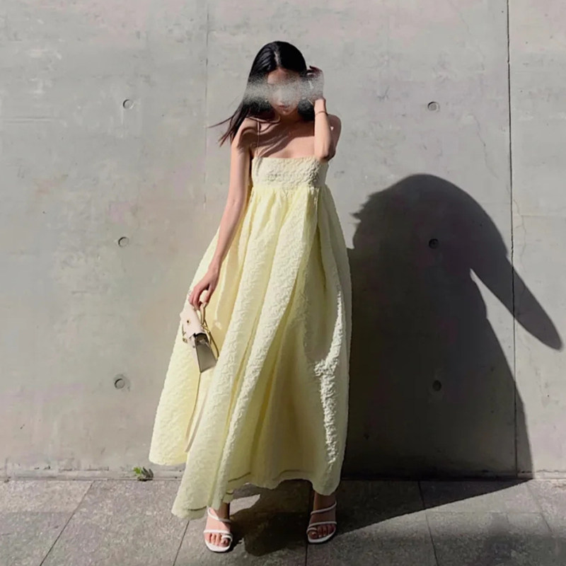 Long skirt Ankle Fairy Mori suspender tutu skirt A-line dress French platycodon first love skirt Egg yolk long skirt