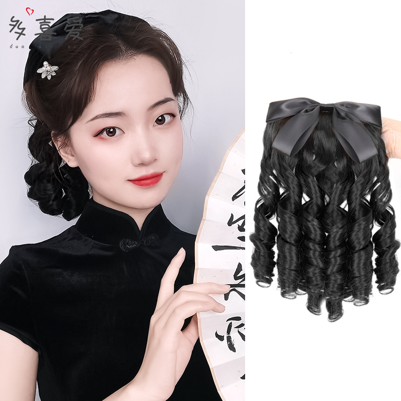 Hanfu retro princess roll ponytail court bow wig film and television costume cheongsam Republic of China curly hair ancient style ponytail