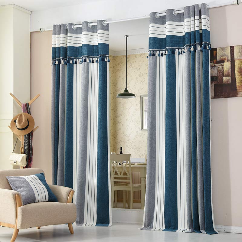 High-grade European blue white gray Mediterranean modern striped chenille fabric living room bedroom curtain finished product clearance