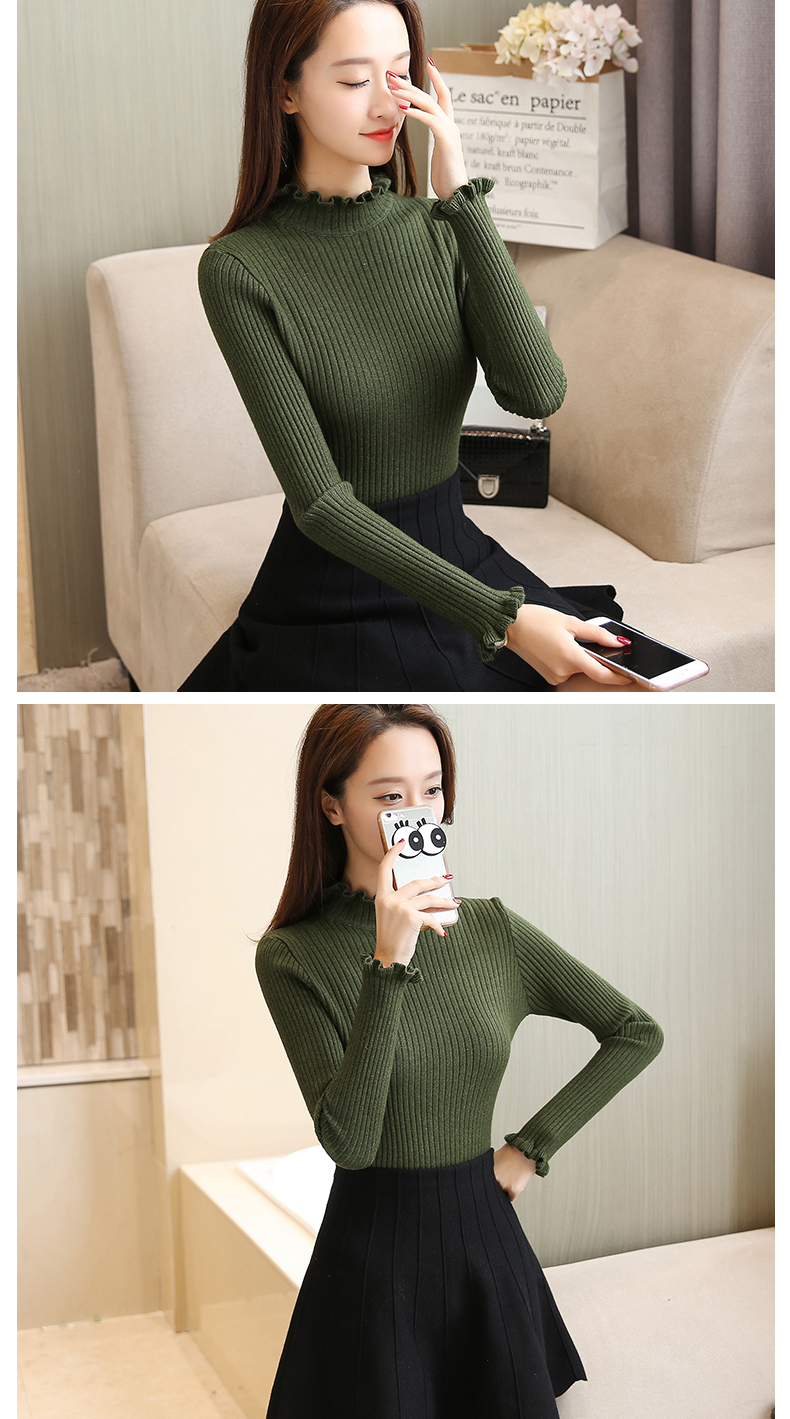 2017 mùa thu và mùa đông nửa cao cổ áo của phụ nữ hoang dã knit đáy áo sơ mi nữ dài tay bằng gỗ tai cổ áo sơ mi Slim áo thun áo len quần áo thời trang nữ