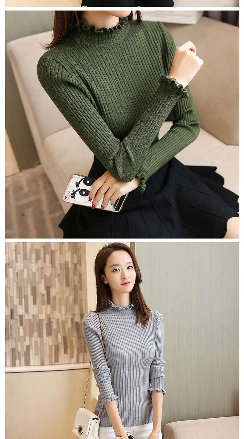 2017 mùa thu và mùa đông nửa cao cổ áo của phụ nữ hoang dã knit đáy áo sơ mi nữ dài tay bằng gỗ tai cổ áo sơ mi Slim áo thun áo len quần áo thời trang nữ