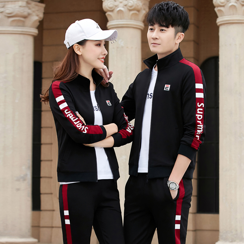 Couple sports suit men and women spring and autumn casual long-sleeved running fitness clothes pure cotton stand-up collar sweater three-piece set