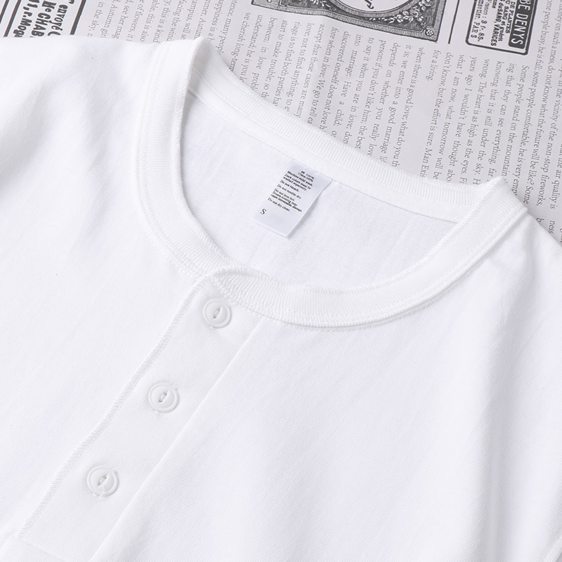 American Retro 250g Heavyweight Henley Collar Open-Neck Short-Sleeve T-Shirt Pure Cotton White Base Shirt for Men Summer