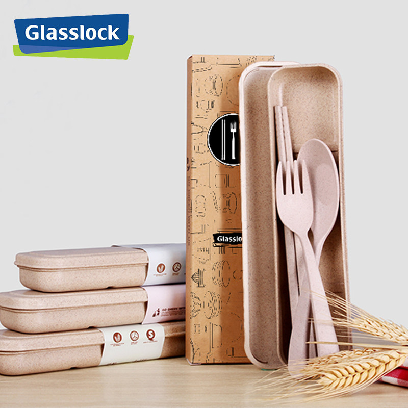 glasslock Wheat portable tableware set Chopsticks spoon three-piece set Nordic student one-person food storage box