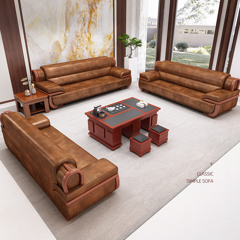 Office Sofa Genuine Leather Owner Business Modern Chinese Hotel Lobby High-end Furniture Tea Table Combined Trio