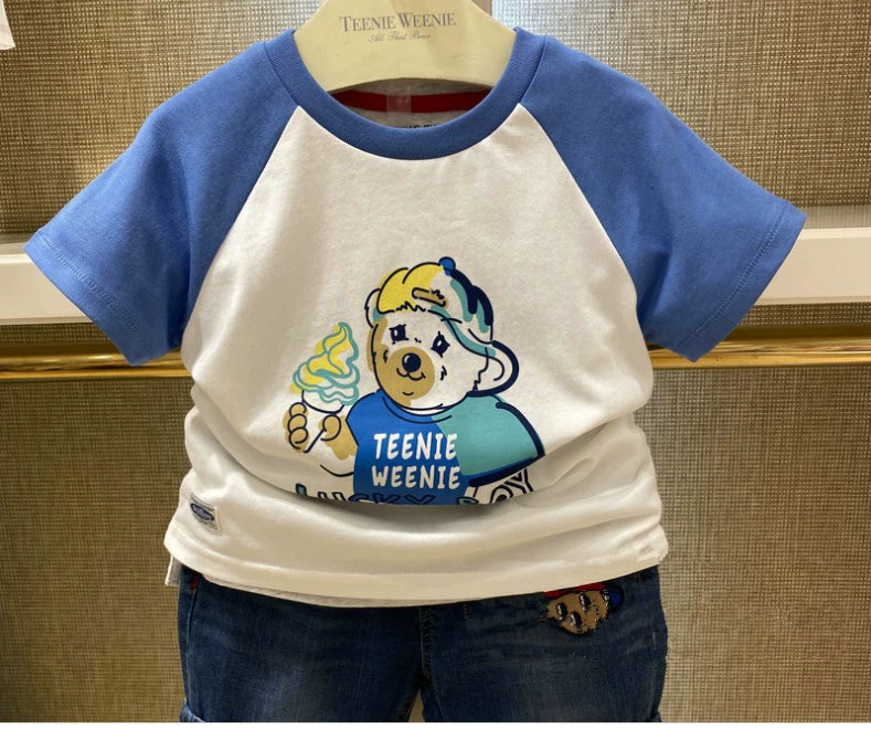 Teenie Weenie Little Bear Kids 2020 Summer New Boys Big Kids Màu tương phản Raglan Tay áo Áo thun ngắn tay - Áo thun