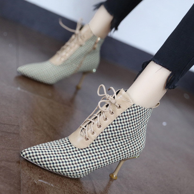Hong Kong Law High heel Shoes Nets Red thousands of birds Pointed Naked Boots Autumn Winter New Strap Thin heel Short Boots Woman