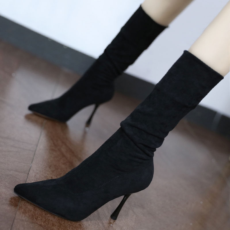 Hong Kong Tennis Red Slim Boots Slim heel mid-cylinder boot Women's autumn Winter new half boot Custard Sexy High Heel Short Boots