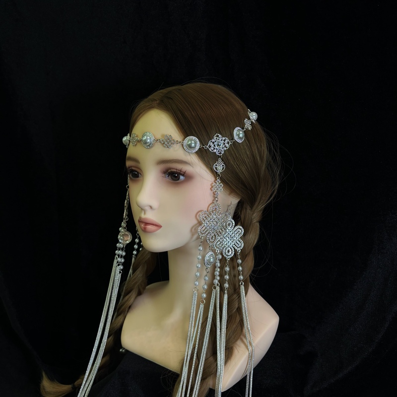 Mongolian Headwear, Ethnic Style Performance Hair Accessories, Hair Chain, Earrings, Tassels, Full Diamond Square Diamond Super Shiny Headband for Women