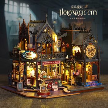 Holo Magic City DIY Miniature Magic Shop Handmade Wooden House Assembly Model Birthday Gift for Women