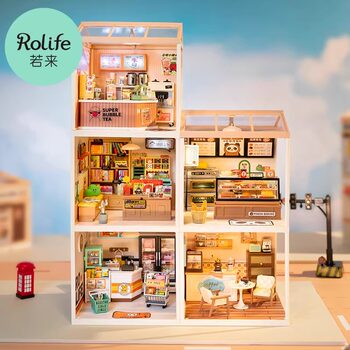Rolife Ruolai Super World Milk Tea Shop DIY Miniature House Hand-Assembled Building Block Model Educational Toy Gift