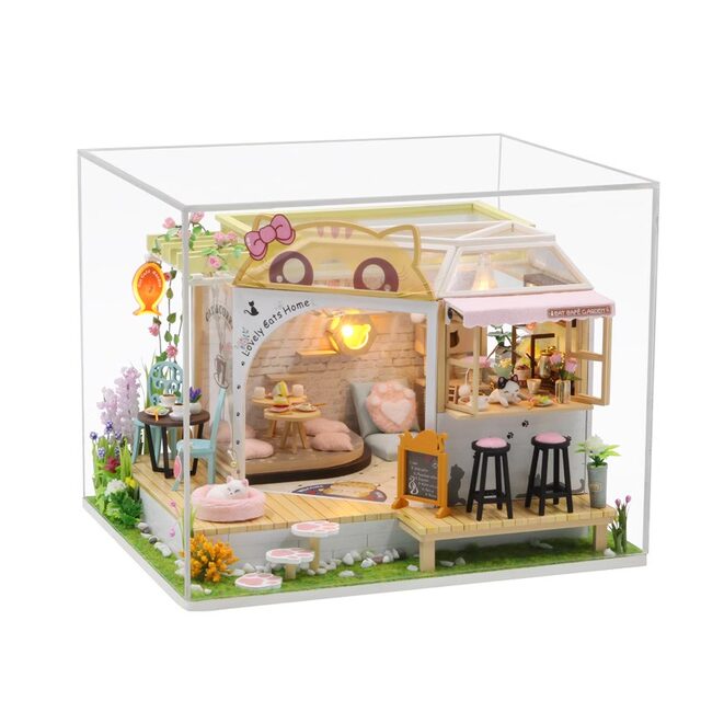 DIY Wooden Assembly Toy Miniature House Model for the Backyard of a Cat Cafe, a Birthday Gift for Girls