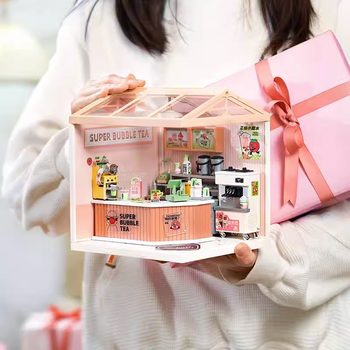 Ruolai Super World DIY Cottage Milk Tea Shop Educational Assembly Model Building Blocks Toy as a Birthday Gift for Children