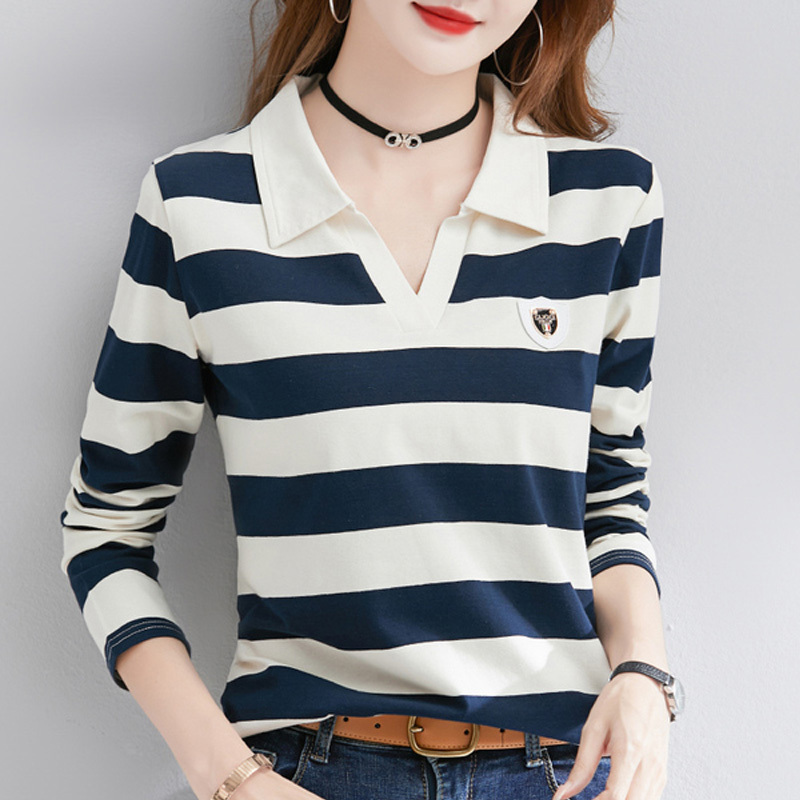Polo Collar Striped Base Shirt for Women, Long-Sleeved T-Shirt for Layering, Suitable for Spring, Autumn, and Winter, 2026 Design, Pure Cotton, Fashionable Top