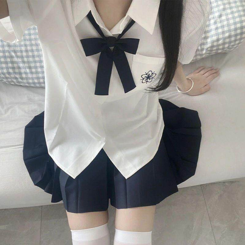 jk制服加工定制 樱木北短袖百褶裙套装 jk衬衫日系白蓝色刺绣女衬衣春jk制服