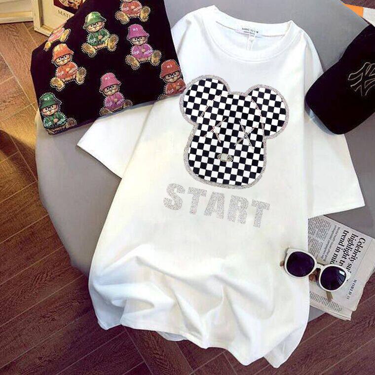 【谁穿谁瘦】纯棉中长款打底衫女烫钻棋盘格蕾丝拼接长袖T恤上衣详情8