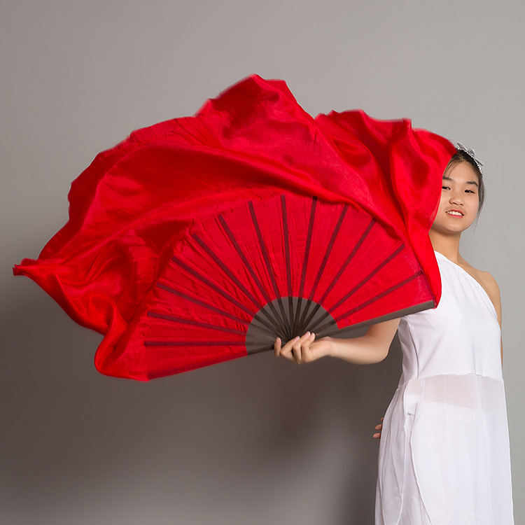 Original red apricot dance fan Song Jiyang Gucheng pure red black bone silk double-sided enlarged long fan classical dance