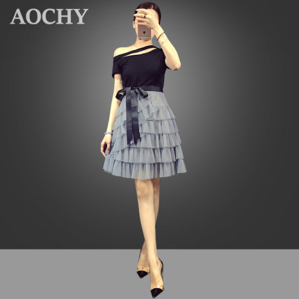 奥蔷斜肩蛋糕裙连衣裙矮个子搭配假两件娇小蓬