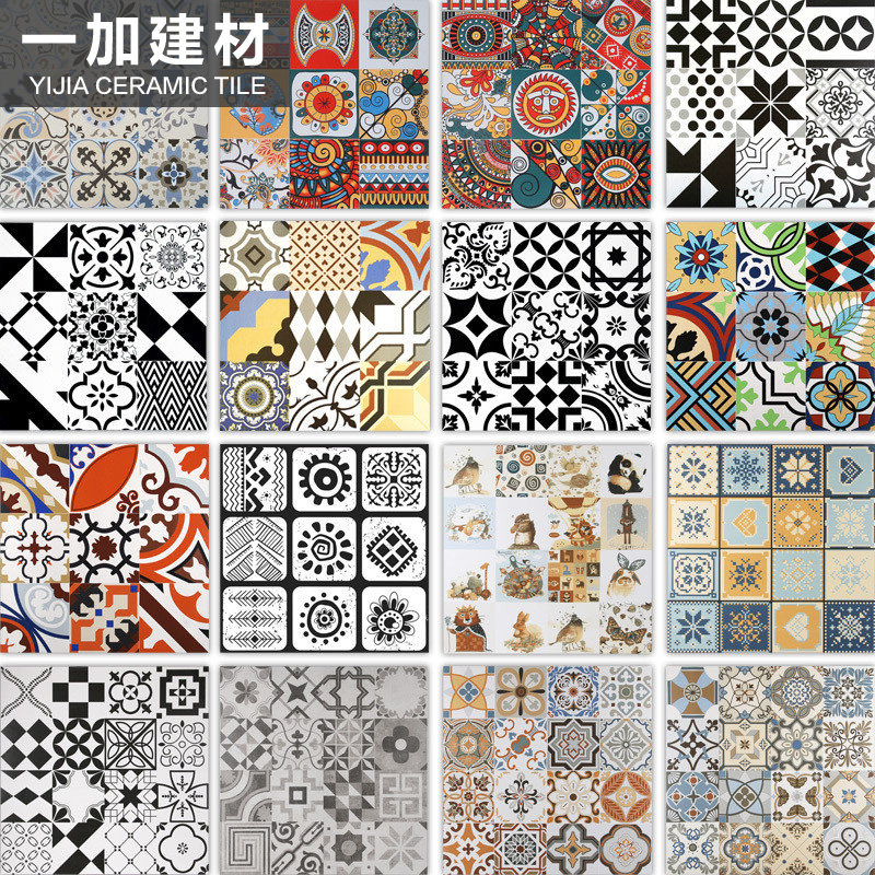 Foshan tile 600*600 balcony kitchen floor tile living room antique brick Mediterranean black and white retro art brick