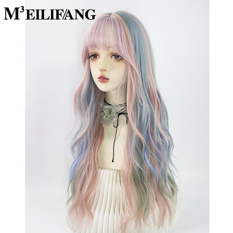Rainbow Ice Cream Wig Parisian Dyed Full Wig for Women Pink Blue Green Highlights Lolita Long Curly Hair