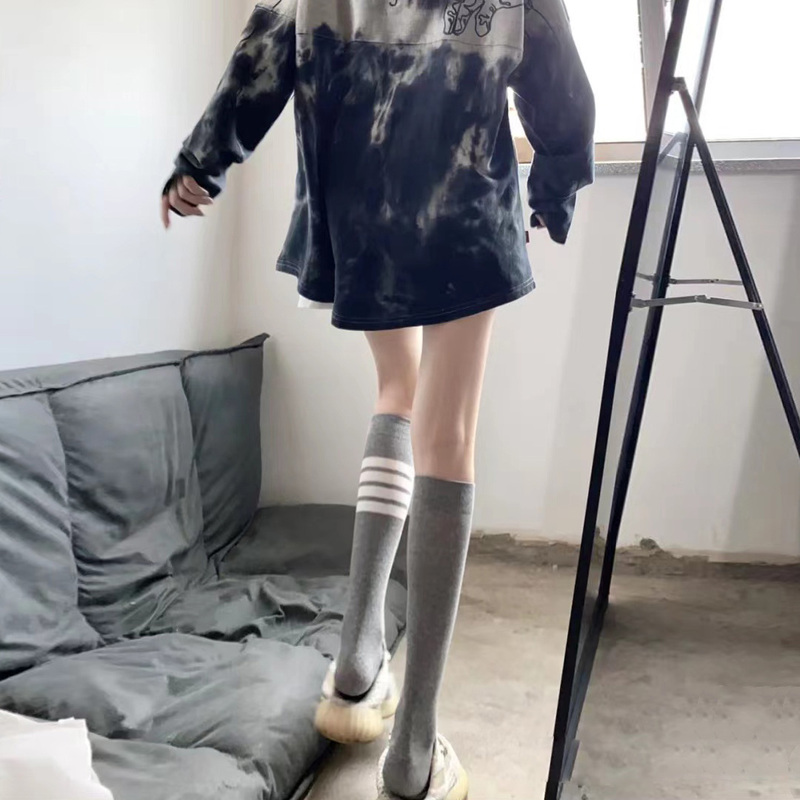 Gray Calf Socks for Women, Spring and Summer Long Socks, Cotton Over-The-Knee Slouch Socks, Four-Stripe Mid-Calf Socks, Striped Sports Long Socks