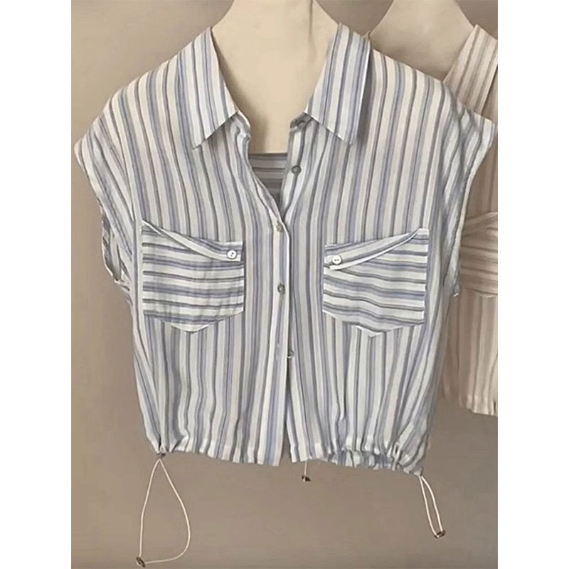 Polo Collar Color-Block Striped Sleeveless Shirt French Style Fashionable Vest Summer Thin Commuter Tank Top for Women Polo Collar Color-Block Striped Sleeveless Shirt French Style Fashionable Vest Summer Thin Commuter Tank Top for Women