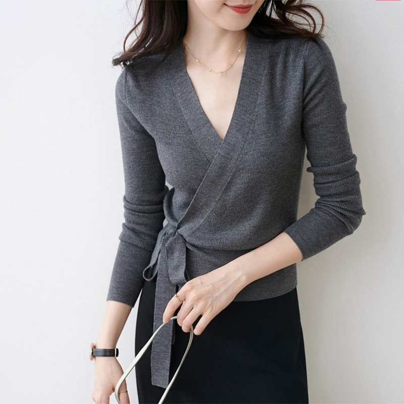 Elegant V-Neck Waist-Tie Knit Sweater, New Autumn and Winter Long-Sleeve Wrap-Style Tie-Up Slimming Base Sweater Top