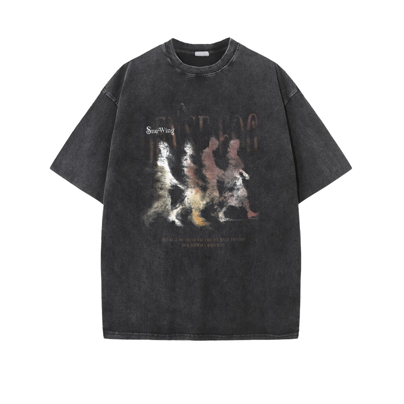 [Short Sleeve - Mist Shadow Walker] American-Style Summer New Loose-Fitting Pure Cotton Black Trendy Brand Popular Short-Sleeve T-Shirt Direct Spray