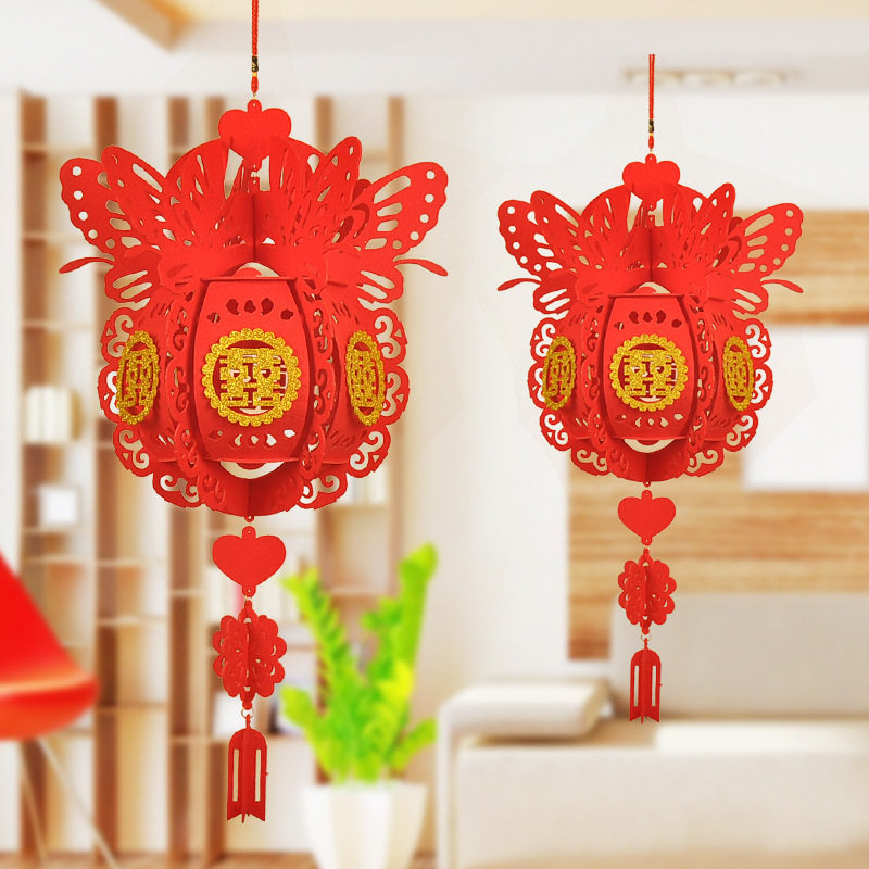 Wedding wedding room decoration happy word layout supplies creative non-woven fabric paste gold butterfly happy word lantern pendant pendant