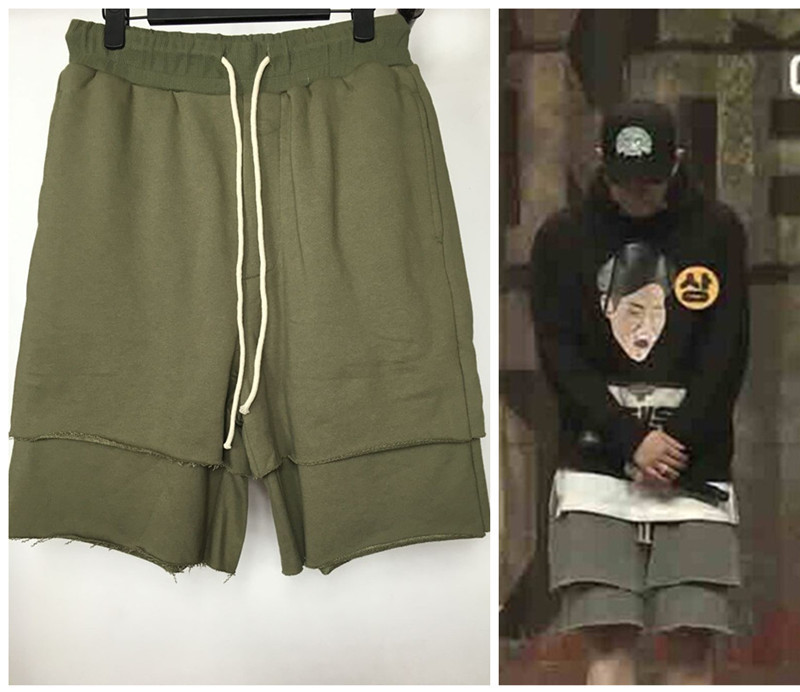 [in Stock] G-Dragon Style Fake Two-Piece Unedited Frayed Hem High Street Casual Sand Green Shorts for Men Hip-Hop Street Dance