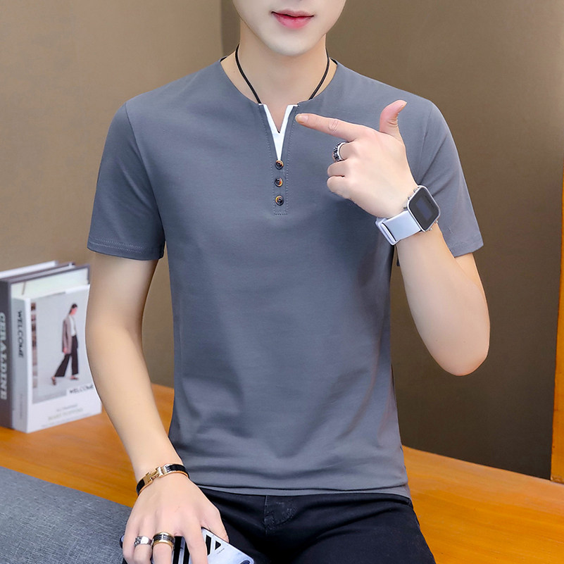 Summer V collar short sleeve T-shirt male pure cotton swarm pure color blouse new Korean version trendy half sleeve T-shirt