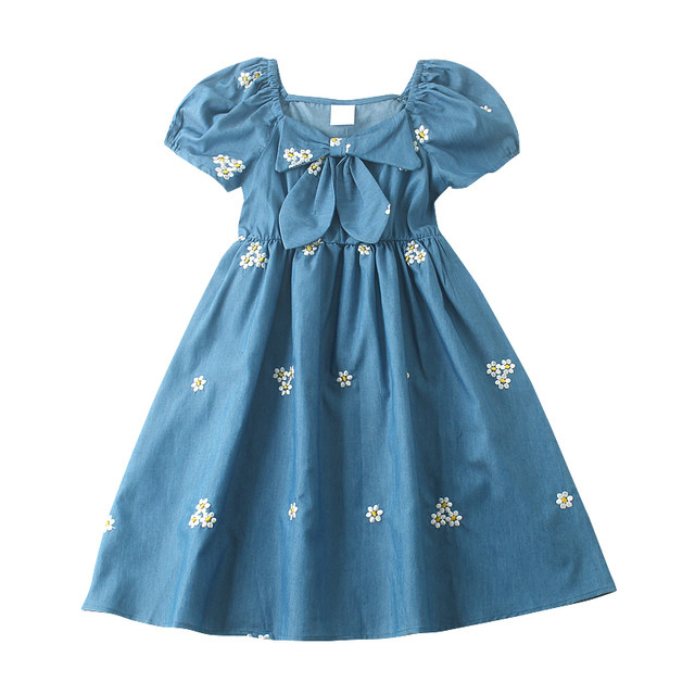 Children's Denim Skirt Girls Dress Summer Dress Korean Version Big Boy Summer Embroidery Foreign Bubble Puff Sleeve Princess Skirt