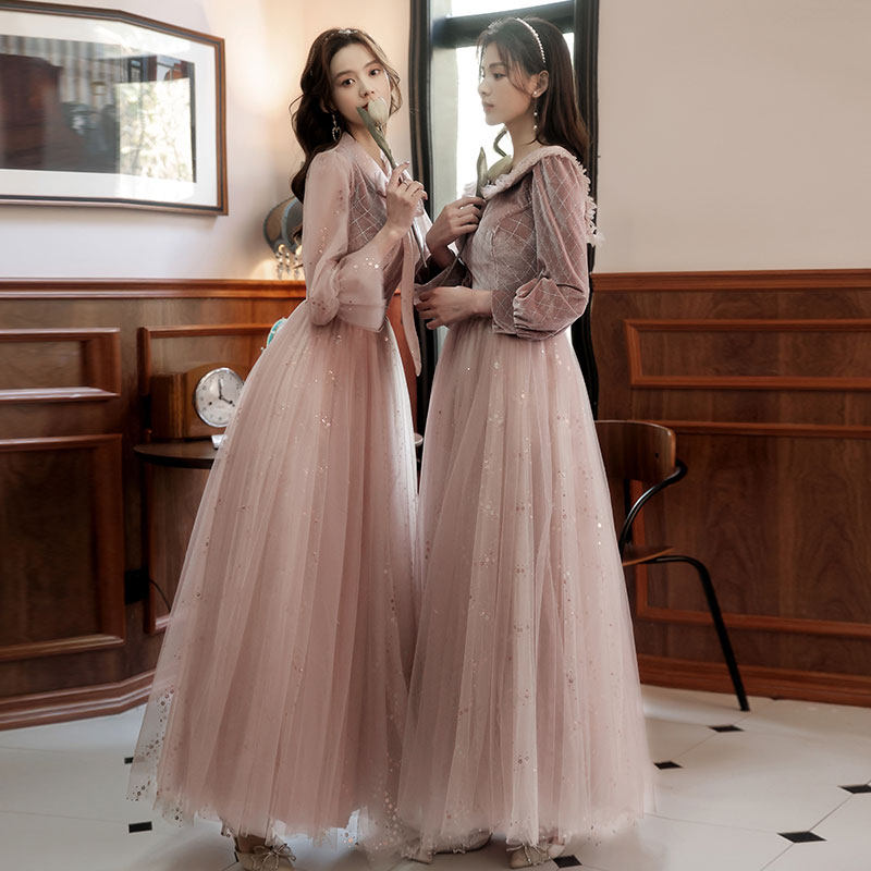 Bridesmaid to wear small crowns 2022 new temperament Slim Superior Wedding Sister Group Evening Gown Dress Woman Long Sleeve Summer