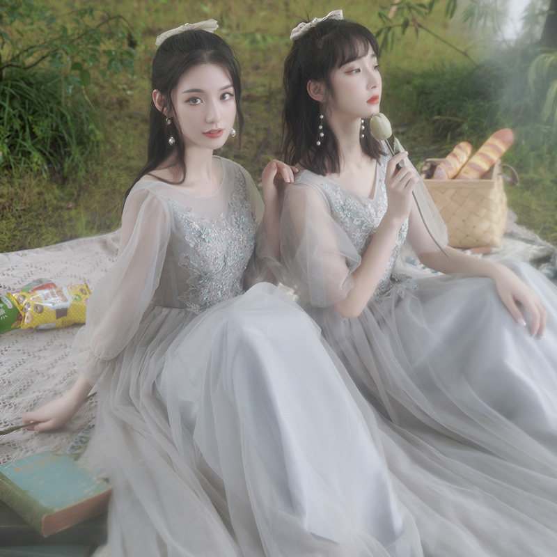 Grey bridesmaid dress long - range 2023 new summer wedding sister group dress dress fairy sleeves