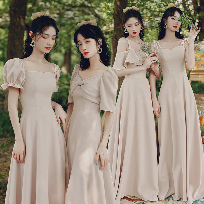 Pink bridesmaid dress fairy quality 2021 new summer long version wedding sister group evening dress skirt women show thin cover meat