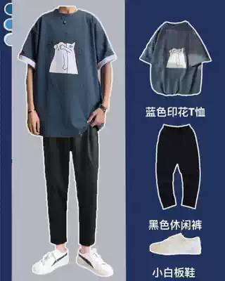 GF Little Red Book boys wear summer blue print harbor style T-shirt men's trend short sleeve Jaden south wind original