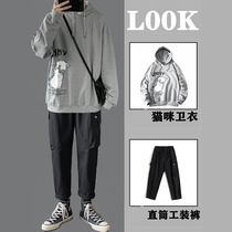 Lnkdye original with a set of autumn and winter plus velvet padded cat print hooded sweater mens short-term jacket