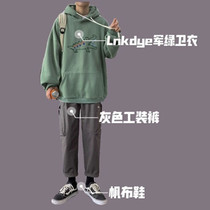 Lnkdye ink dyed original autumn new cartoon print hooded sweater men with casual overalls set