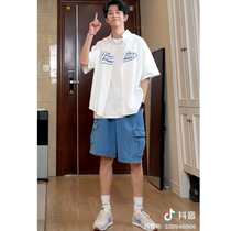 The little man wears three suits of summer haven letter printed short sleeve shirts loose handsome half sleeve shirts