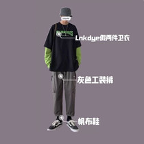 Lnkdye boys wear spring trend letter printing clothes loose stitching round neck fake two sweater men