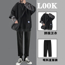 Little red book tide man with a set of autumn and winter plaid stitching fake two coats loose clothes men a tea and Agu