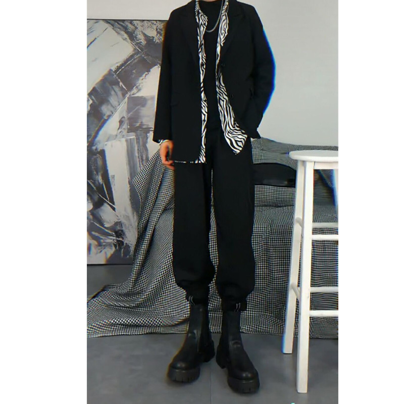 Tikyung Little Red Book Fashion Wear Spring and Autumn Raffle Handsome Little Suit Men Trend with Zebra-striked Shirt Set