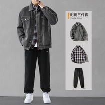 Lnkdye original autumn retro handsome denim jacket mens GF wear trend handsome jacket with three-piece set