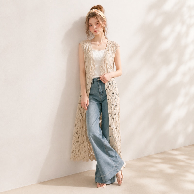 Retro Cut Out Crochet V Neck Knitted Long Vest Cardigan for Women, Summer Outer Layer, Layered Single-Breasted Sleeveless Blouse