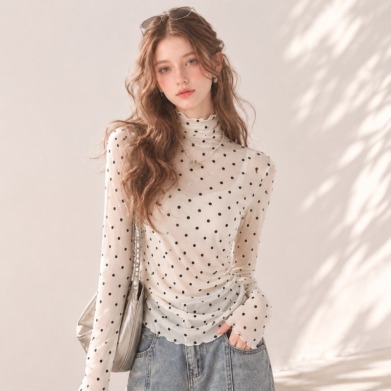 Ruffled High-Neck Polka Dot Mesh Base Shirt for Women, Summer 2026, Thin, See-Through, Long-Sleeved, Slim-Fit, Layering, Sun-Protective Top