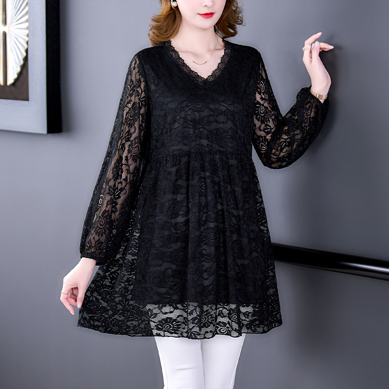 Plus-Size Age-Reducing Belly-Covering Base Shirt 100kg Lace Stylish Mid-Length Autumn Long-Sleeve T-Shirt Top for Plus-Size Moms